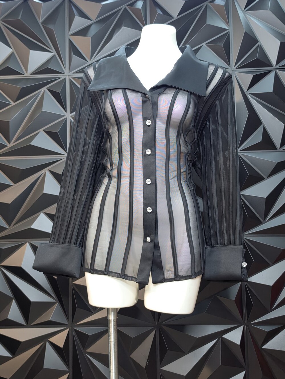 Sheer Black Striped Button-Front Women's Shirt - Elegant Collar